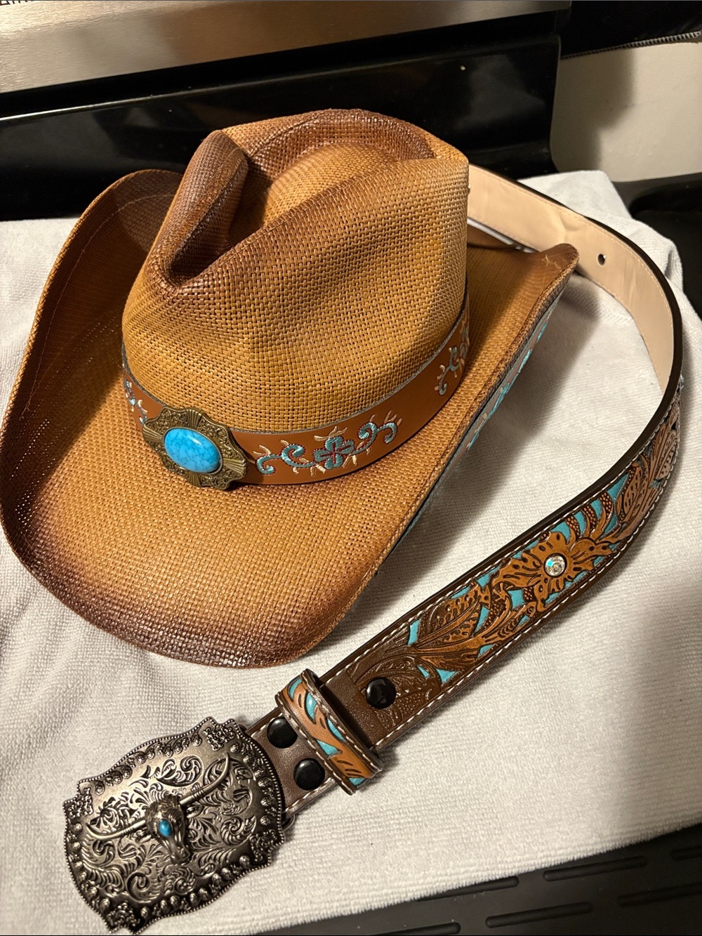 Turquoise Accent Straw Cowboy Hat matching with Belt